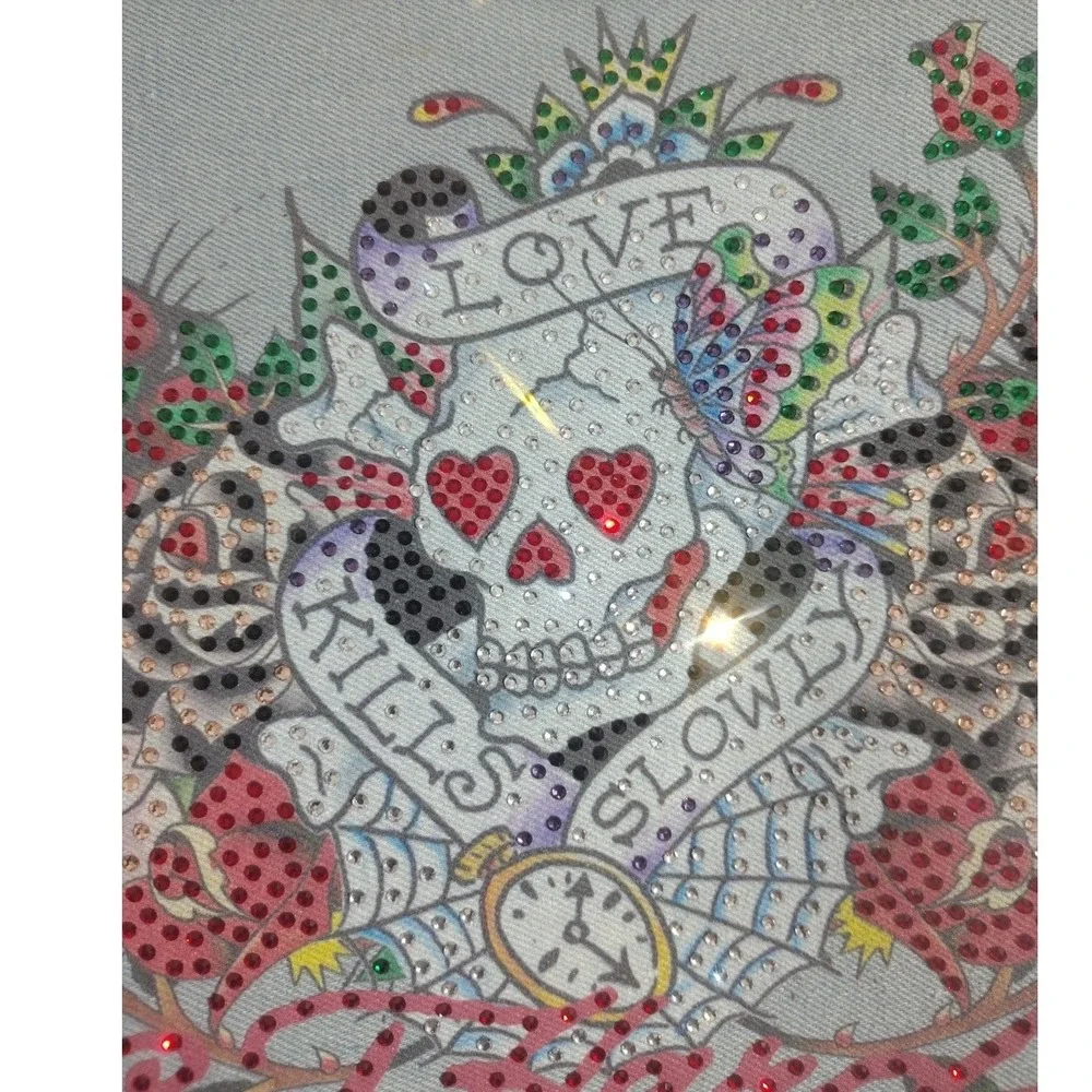 Ed Hardy Hobo Bag Skull Roses Rhinestone Denim‎ Leather Shoulder Bag Women